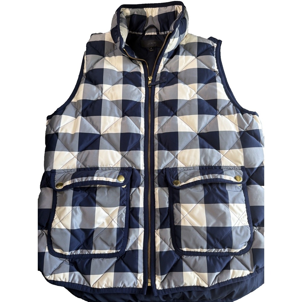 J Crew Navy Watch Excursion Down Quilted Plaid Puffer Vest Navy Cream Women Med
